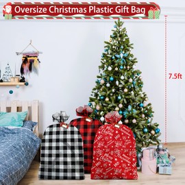 FUNIXY 3PCS Extra Large Christmas Gift Bags 44 x 36 in with Tags & Twist Ties for Giant Gifts Big Presents Holiday Gift Bags Plastic Wrapping Bags Red Black Buffalo Plaid