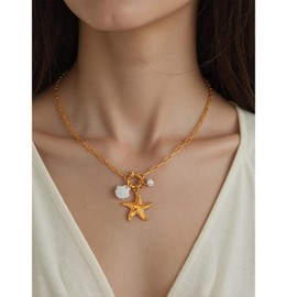 Gold Shell Starfish Necklace for Women Pearl Shell Necklace Layered Beaded Starfish Necklaces Summer Beach Surf Jewelry Gifts for Women (L)