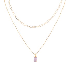 2pcs Gold Charm Necklaces for Women, No Fade Zircon Trendy Stack Pendant Birthstone Necklace and Paperclip Choker Stylish Birthday Jewelry Gift (June Alexandrite)