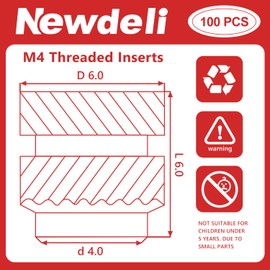 Newdeli 100pcs M4 Heat Set Inserts M4x6x6 Threaded Inserts for Plastic and 3D Printing Components Brass Metric Knurled Nuts Kit