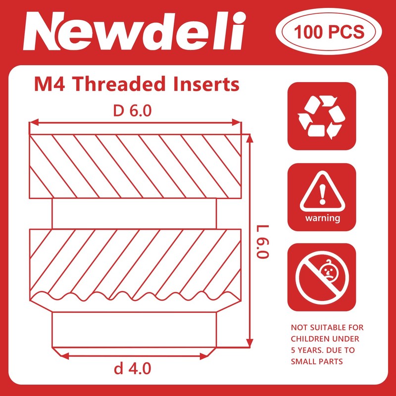 Newdeli 100pcs M4 Heat Set Inserts M4x6x6 Threaded Inserts for