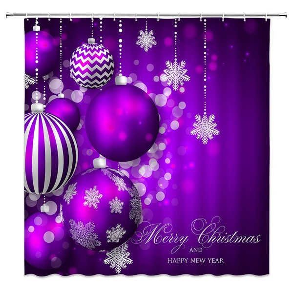 ZNLSU Merry Christmas Shower Curtain Purple Xmas Ball Snowflake Dreamy