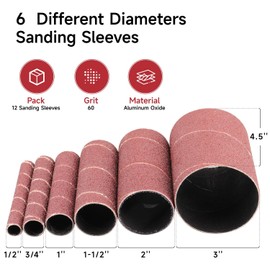 Spindle Sander Sleeves,12PCS Oscillating Sanders for Woodworking,120 Grit Sanding Drums for Dremel Rotary Tool, 4-1/2” Length, 1/2”, 3/4”, 1”, 1-1/2”, 2”, 3”Diameter