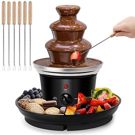 Fuente de fondue de chocolate de 16 onzas, mini fuente de chocolate de 3 niveles con 6 tenedores de fondue y bandeja de extracción de frutas/frutos se
