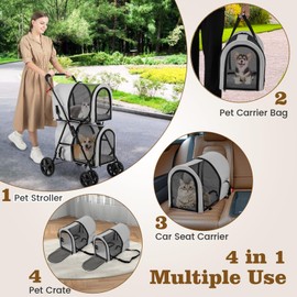 HAPPAWS Dog Stroller with 2 Detachable Carrier Bags, Travel Carrier for Small Medium Cats Dogs Puppies, Foldable Cat Stroller with Storage Pocket, Lockable Wheels Pet Stroller with Safety Belt, Gray