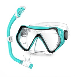 MELUMILU Kids Snorkel Set, Dry Snorkel Set 180° Panoramic Wide View Anti-Fog Scuba Diving Mask, for Kids Youth Boys Girls Junior Age 5-15(Green)