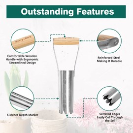 Berry&Bird Garden Bulb Planter with 15cm/6in Depth Mark, Garden Bulb Transplanter Tool with Wooden Handle, Stainless Steel Soil Release Tool for Transplanting Digging Planting Flowers or Blubs