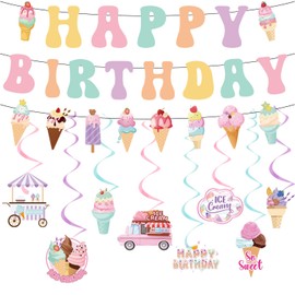 Ice Cream Birthday Party Decorations - Refavor Ice Cream Party Decorations Colorful Happy Birthday Banners Ice Cream Theme Hanging Swirls Decor Supplies Summer Ice Cream Birthday Party Decor Girls