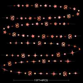Rose Gold 50th Birthday Decorations Number 50 Circle Dot Twinkle Star Garland Hanging Streamer Backdrop Bunting Banner for 50 Year Old Birthday Happy 50th Wedding Anniversary Fiftieth Party Supplies