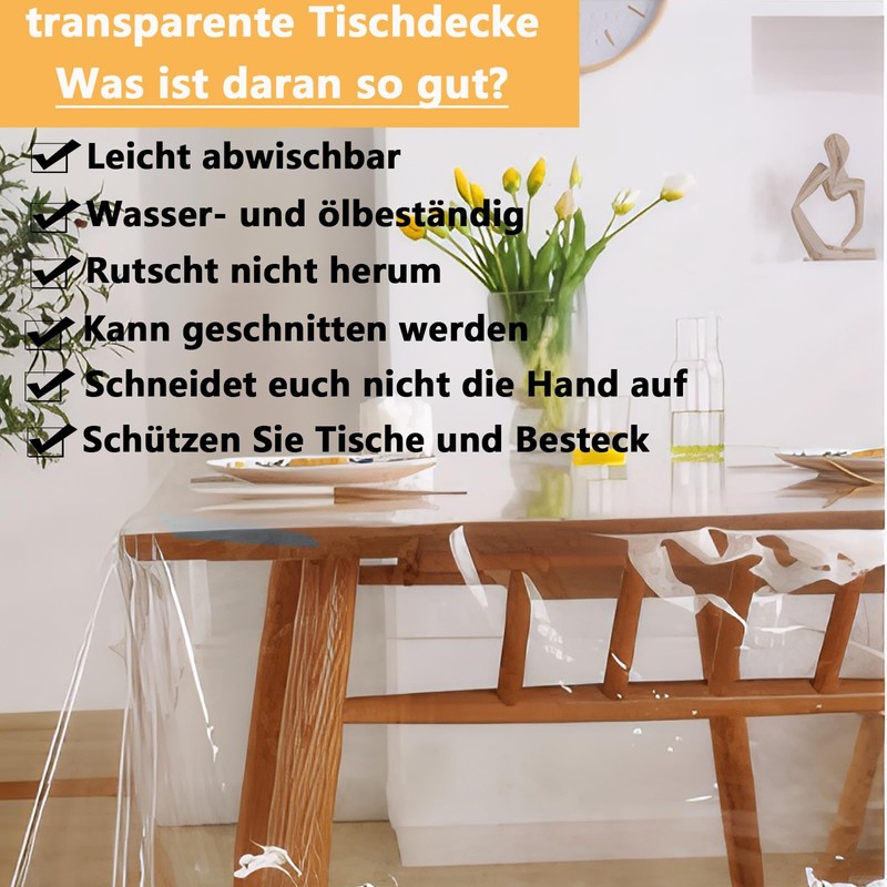Tayuvira PVC Transparent Tablecloth, 0.13 mm, Washable, Waterproof, Greaseproof, Table