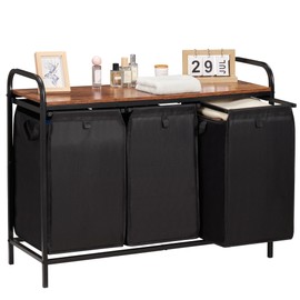 Azaeahom 3 Section Laundry Basket for Dirty Clothes Storage,Laundry Hamper with Shelf,3×12.3Gal,Laundry Sorter,Pull-Out Removable Laundry Bags for Laundry Room Organization and Storage,Brown