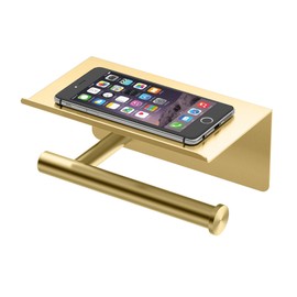 Gatco 1420B Latitude II Toilet Paper Holder with Mobile Shelf, Brushed Brass/Wall Mounted 7" Toilet Tissue Holder with Cell Phone Storage Shelf for Bathroom