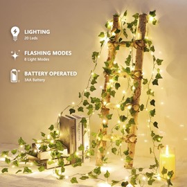 JOLAIQIAN 2 Pack Vines with Lights Battery Operated, 6.56ft 20 LED Vines with Fairy Light, Leaf Light with 8 Modes, Fake Vines Ivy String Lights for Bedroom, Wall, Room, Garden, Party Decor