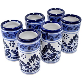 MAREY Mexican Pottery Shot Glasses | Talavera Poblana | Talavera Pottery | Set of 6 Pieces | 100% Handmade | Tequila Cups (Blue & White, 2 Oz.)