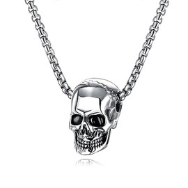 Skull Necklace, Cool, Black, Skull Pendant, Stainless Steel, Hypoallergenic, Chain Included, Skull Necklace, Hip Hop Rock Style, Accessory (Skeleton Silvery)