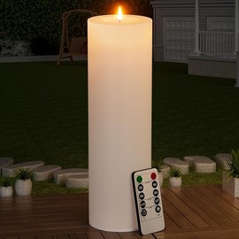 BUTHY 14" x 4" Large Outdoor Candle with Timer Waterproof Flickering LED Flameless Candle Battery Operated with Remote Fake Pillar Candle Realistic for Patio Porch Lantern, White 1 Pack