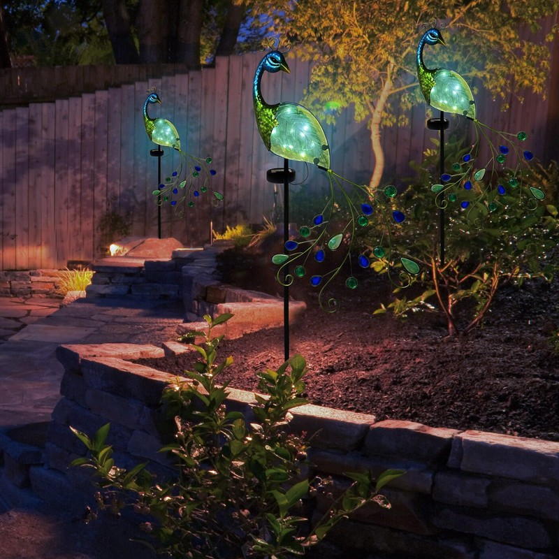 TEYIGARDEN Peacock Solar Garden Lights, Metal Stake with Glass Accents
