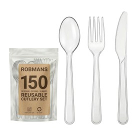 150 Pack Heavy Duty Clear Reusable Cutlery Set – 50 Forks 50 Knives 50 Spoons – Reusable Party Cutlery for Weddings, BBQs, Buffets, Picnics & Camping – Dishwasher Safe