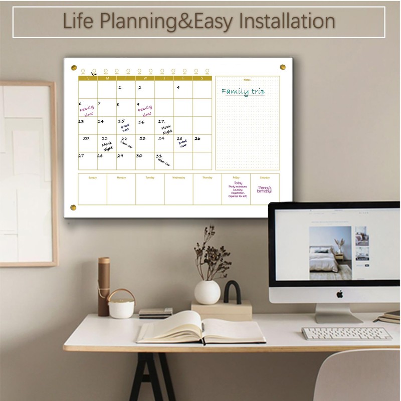 Marribol Glass 3-1 Golden Monthly Dry Erase Calendar Whiteboard for
