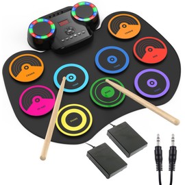 Rocktata® Electronic Drum Set, 9 Pad Roll-up MIDI Drum Kit with 2 Speakers/Pedals/Headset Jack/Drumsticks, BT Wireless Portable Kids Drum Practice Pad Gift for Beginner