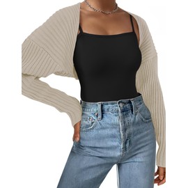 AURUZA Cropped Cardigan Shrugs for Women Bolero Open Front Crop Sweater Long Sleeve Cardigan Fall Outfits Knit Tops Clothes Apricot (L, Apricot)