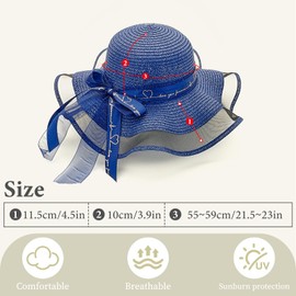 FuninCrea Sun Hats for Women, Packable Wide Brim Sun Hat Women Straw Hat Foldable UV Protection Beach Hat with Elastic Rope (Straw, Blue)