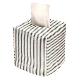 Fabric Tissue Box Cover, Tissue Holder Slipcover, Slips Over Square Cube Cardboard Facial Tissue Boxes -Decorative Black and White Bathroom Decor Ticking Stripe, Cotton, Lined