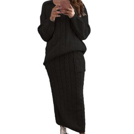 chouyatou Women Winter Casual Chunky Cable Knit Long Pencil Skirt 2 Piece Outfit Oversized Pullover Sweater Sets (Small, Black)