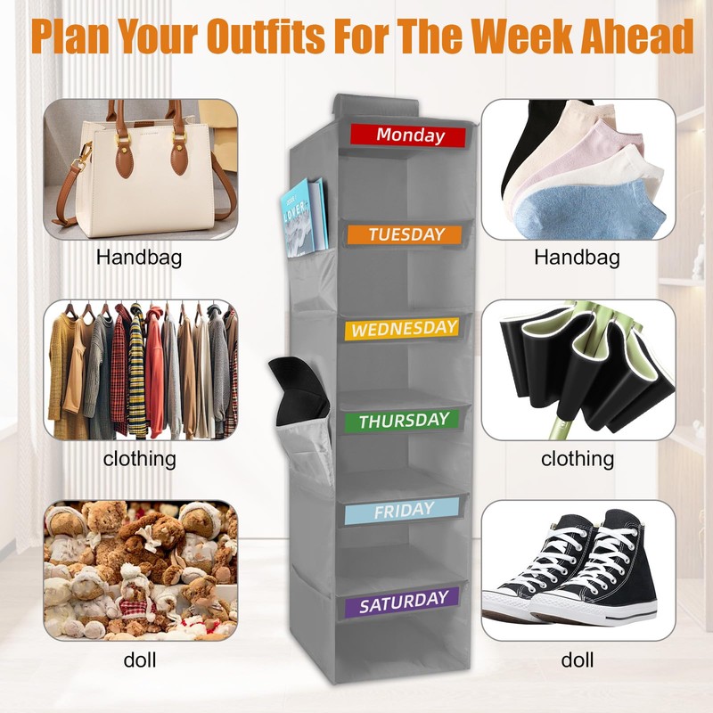 Yuuchoringee 6-Shelf Weekly Clothes Organizer for Kids Days of The