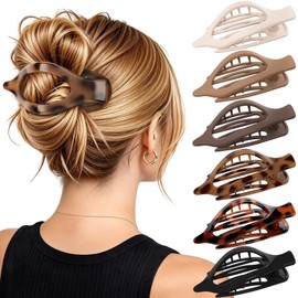 Oeusnael 6 PCS Large Flat Hair Clips for Women Girls, French Concord Lay Down Flat Claw Clips for Thick Thin Hair, Comfortable Curved Flat Clip, Leopard Print Strong Hold Hair Accessories, Tortoise