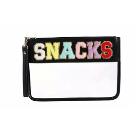 Handcrafted Chenille Letter Clear Leather Travel Pouch with Straps - Unique Monogrammed Bag for Travelers (SNACKS-BLACK)