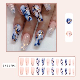 24Pcs Glossy Blue Press on Nails Square Medium Full Cover Artificial Fake Nails with Marble and Gold Line Designs Acrylic Coffin False Nails with Glue Stick on Nails for Women Girls
