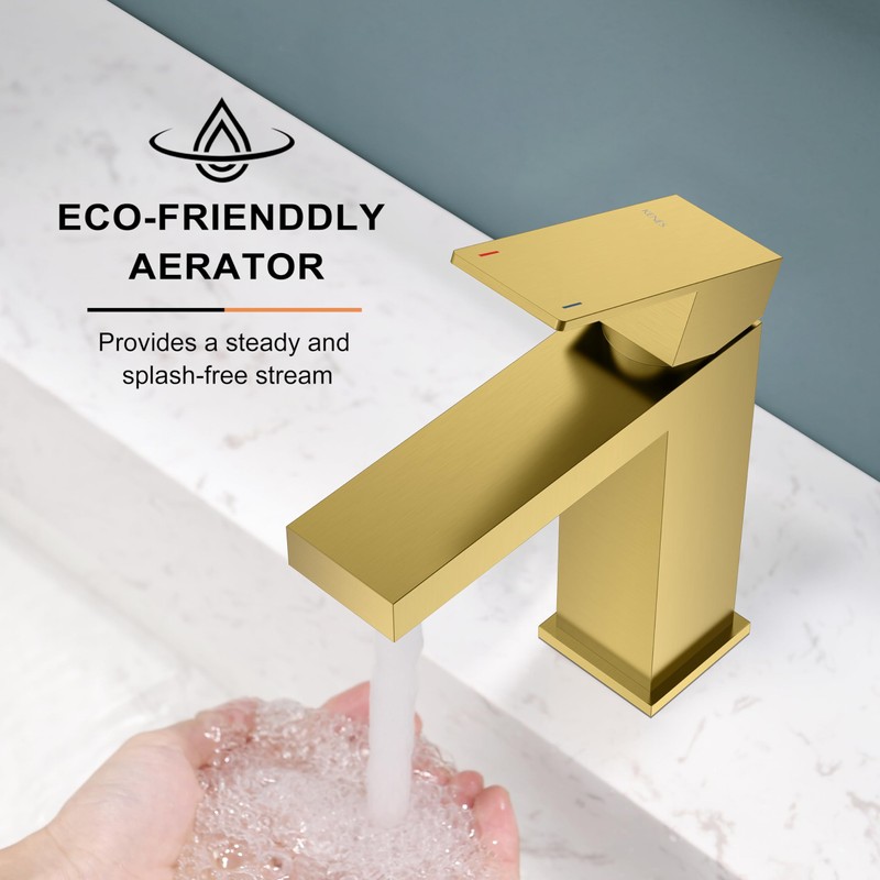 KENES Brushed Gold Bathroom Faucets, Modern Single Hole Lavatory Vanity