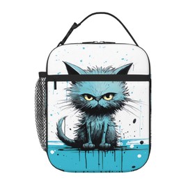 SARA NELL Cat Lunch Box Cute Angry Cat Lunch Bag for Kids Boys Girls Teens Adults, Reusable Insulated Lunch Bag for School Office Work Picnic, Portable Polyester Lunchbox, Blue Splash