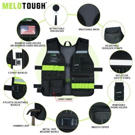 MELOTOUGH Tool Vest for Men Reflective Safety Tool Vest with Removable Phone Holder,Retractable Pen Holder for Electrician,Construction,Carpenters(Lime)