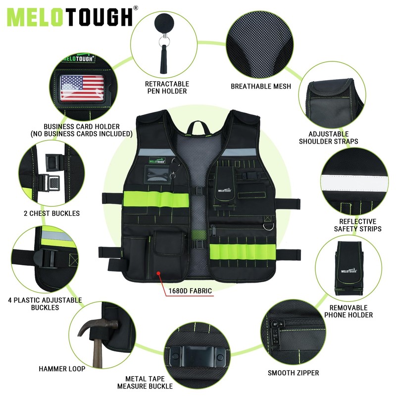 MELOTOUGH Tool Vest for Men Reflective Safety Tool Vest with