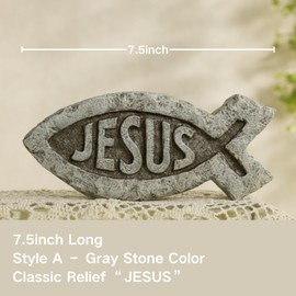 ShineOnAngel Christian Jesus Fish Tabletop Decor – 7.4 Inch Stone-Look Ichthys Sculpture with Relief Jesus Text – Religious Desk Decor for Home or Office