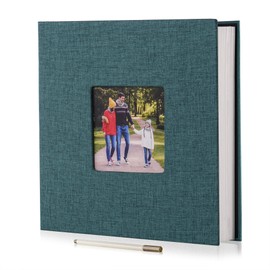 HoneyTolly Large Photo Album Self Adhesive with Picture Display Window, DIY Scrapbook Album for 4x6 8x10 Pictures, 40 Pages Linen Cover Memory Book with Scraper and Metallic Pen(Dark Green)