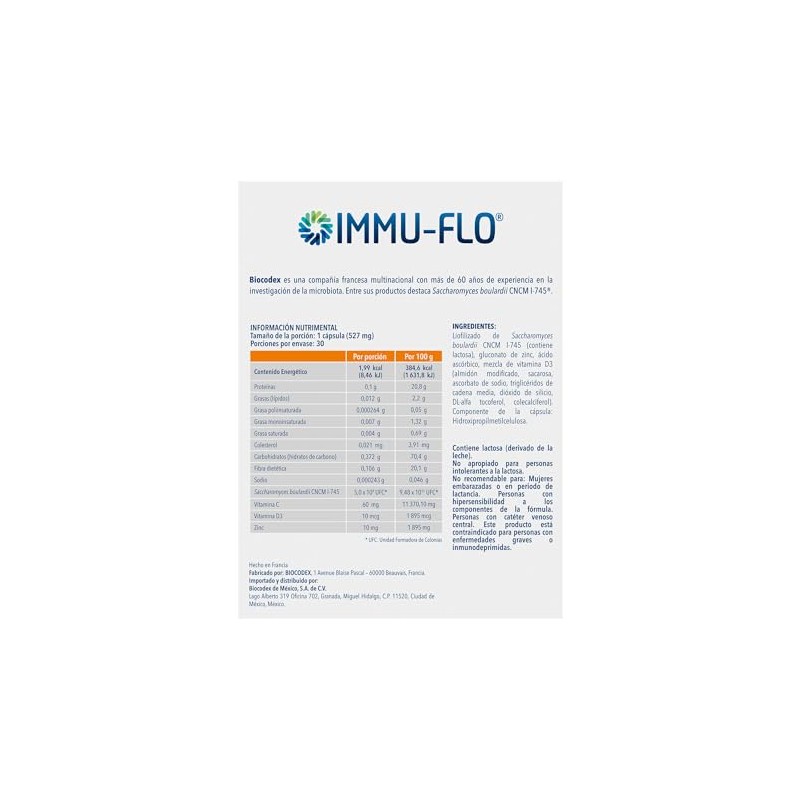 Immu Flo Suplemento Alimenticio Base Probiótico Saccharomyces Boulardii Cncm 745