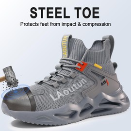LAoutun Steel Toe Shoes for Men and Women Comfortable Lightweight Work Safety Shoes Puncture Proof Slip Resistant Indestructible Sneakers Construction Work Utility Grey Sneakers