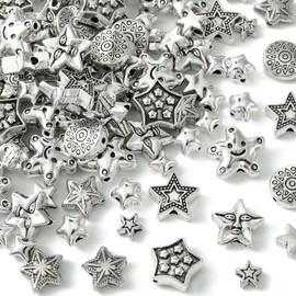 DanLingJewelry 100Pcs 10 Styles Antique Silver Star Shape Spacer Beads Tibetan Star Loose Beads for Jewelry Making Supplies