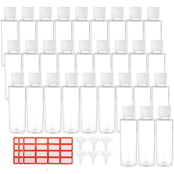 Bekith 30 Pack 2 oz Plastic Empty Bottles with Flip Cap, Clear Travel Containers Travel Size Bottles with 6pcs Funnels and 48pcs Labels - BPA-free