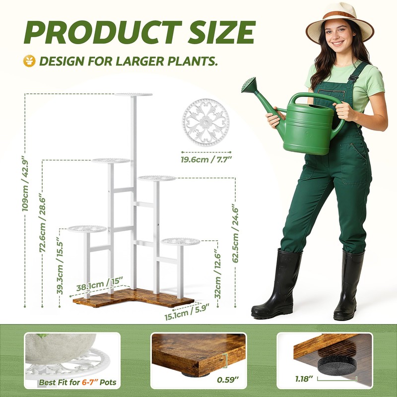 NQW 6 Tier Wood Metal Tall White Indoor Plant Stand