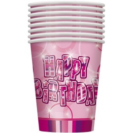 9oz Glitz Pink Birthday Paper Cups, Pack of 8