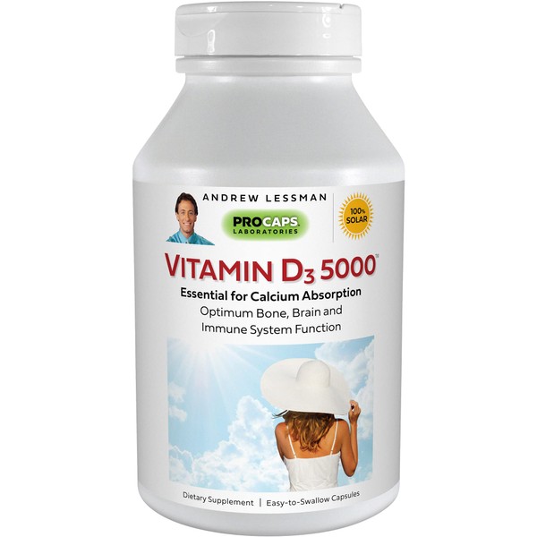 ANDREW LESSMAN Vitamin D3 5000 IU 180 Capsules – High Potency, Essential for Calcium Absorption, Supports Bone Health, Healthy Muscle Function, Immune System and More. Small Easy to Swallow Capsules