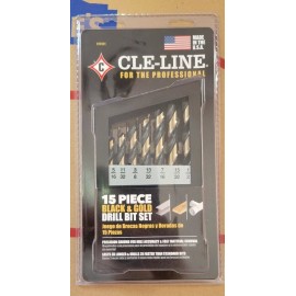 CLE-LINE 15 Piece Black And Gold Drill Bit Set #C18131 MADE IN USA Brand New