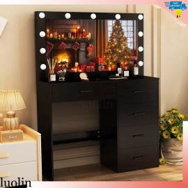 Yamissi Vanity Set Makeup Desk Dressing Mirror Dresser Table with 5 Drawer 11 Led Lights