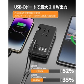 TOPWE Power Strip, USB-C Type-C with USB, PD, 52W, USB Outlet, Extension Cord, USB-C Port, USB-A Port, AC Outlet, Includes AC Outlet, PSE Technical Standards, AC 1400W Output, Rapid Charger,