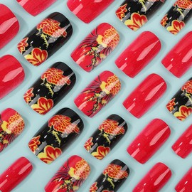 24PCS Red Flower Press on Nails Medium Square Fake Nails Gold Leaf False Nails with Fish Scale Design Full Cover Artificial Glue Glossy Stick Spring False Nails for Women DIY Kit