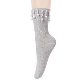 Violet Mist Women's Novelty Crew Socks Grey Pearl Socks Teen Girls Cute Jeweled Ankle Socks with Pearls Fancy Casual Cotton Socks Kawaii Pearl Decorated Dress Socks Fashion Pretty Unique Calf Socks